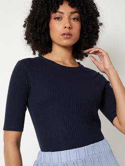 max - Navy Blue Textured Round Neck T-Shirt