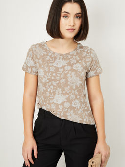 max - Beige Printed Round Neck T-Shirt