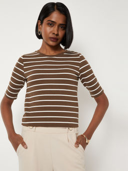 max - Brown Stripes Round Neck T-Shirt
