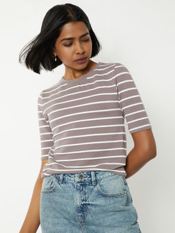 max - Grey Stripes Round Neck T-Shirt