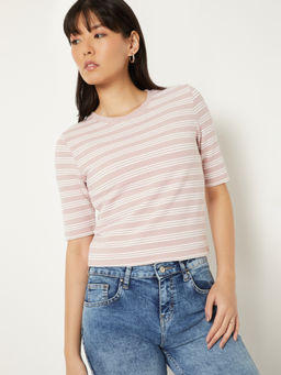 max - Pink Stripes Round Neck T-Shirt