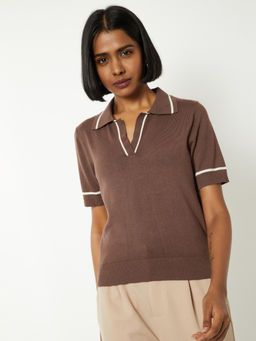 max - Brown Printed Collar Neck Polo T-Shirt