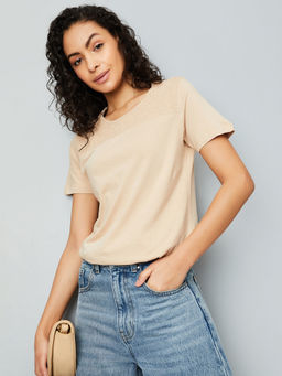 max - Yellow Solid/Plain Round Neck T-Shirt