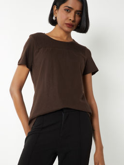 max - Brown Solid/Plain Round Neck T-Shirt