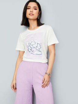 max - Off White Printed Round Neck T-Shirt