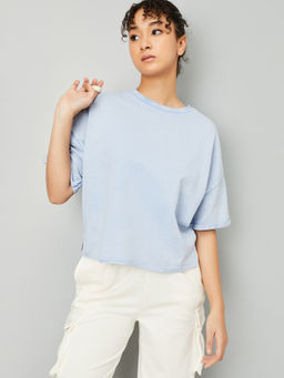 max - Blue Solid/Plain Round Neck T-Shirt