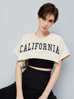 max - Beige Typography Round Neck T-Shirt with Camisole