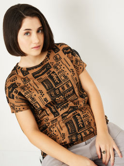 max - Brown Printed Round Neck T-Shirt