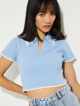 max - Blue Textured Collar Neck Polo T-Shirt