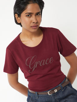max - Maroon Embellished/Sequined Round Neck T-Shirt