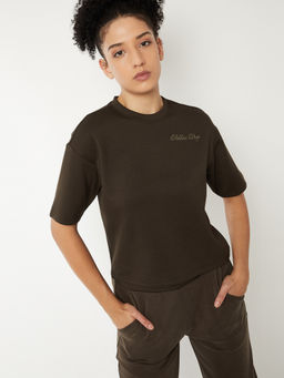 max - Brown Solid/Plain Round Neck T-Shirt