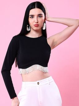 Freehand - Black Polyester Blend Solid Crop Top