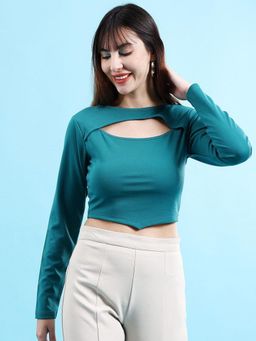 Freehand - Blue Polyester Blend Solid Crop Top