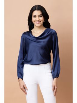 PURYS - Navy Blue Satin Solid Top