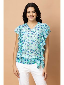 PURYS - Blue Polyester Floral Top