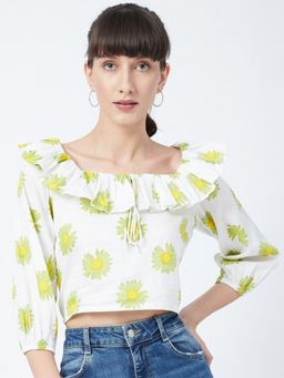 DELAN - White Cotton Printed Crop Top