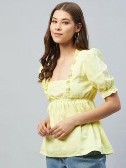 DELAN - Yellow Cotton Self Design Top