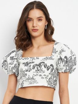 DELAN - White Cotton Printed Crop Top