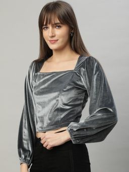 DELAN - Grey Polyester Solid Crop Top