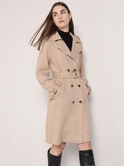 Cover Story - Beige Polyester Solid Overcoat with Belt