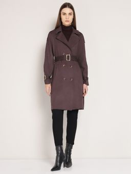 Cover Story - Brown Polyester Solid Overcoat with Belt