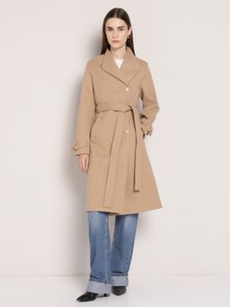 Cover Story - Brown Polyester Solid Overcoat with Belt