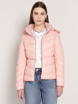 Cover Story - Pink Polyester Solid Puffer Jacket