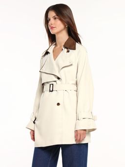 Cover Story - Beige Polyester Solid Jacket with Belt
