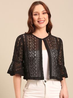 Style Quotient - Black Nylon Blended Self Design Shrug