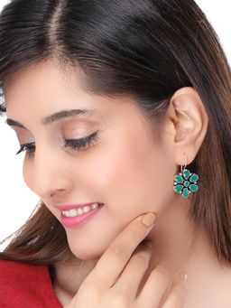 Yellow Chimes - Green and Silver-Toned Floral Oxidized Drop Earrings