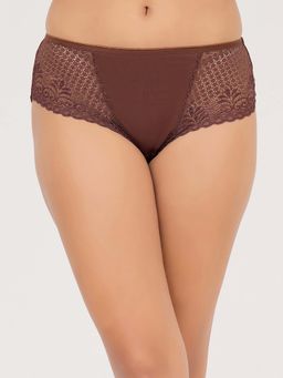 Clovia - Brown Cotton And Lace Mid Waist Hipster Panty
