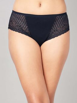 Clovia - Navy Blue Cotton And Lace Mid Waist Hipster Panty