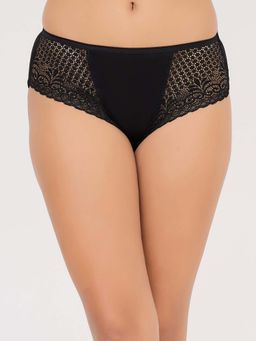 Clovia - Black Cotton And Lace Mid Waist Hipster Panty