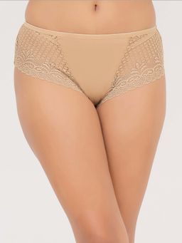 Clovia - Nude Cotton And Lace Mid Waist Hipster Panty