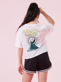 Enamor - Short Sleeve Crew Neck Crop length Slip on Square T-Shirt For Women - E3G5