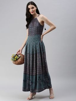 SHOWOFF - Womens Maxi Abstract Turquoise Blue Shoulder Straps A-line Dress