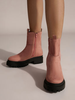 Twenty Dresses by Nykaa Fashion - Nude Pink Suede Round Toe High Ankle Chunky Chelsea Boots