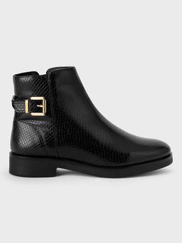 Twenty Dresses by Nykaa Fashion - Black Textured Buckle Embellished Low Ankle Boots