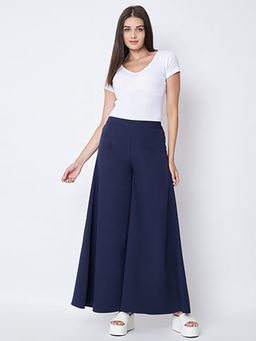 First Resort by Ramola Bachchan - Women's Navy Blue Cotton Solid Relaxed Fit Pant