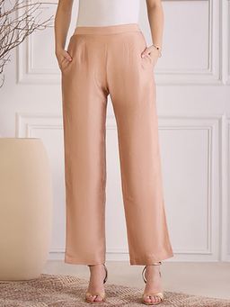 First Resort by Ramola Bachchan - Women's Beige Chanderi Straight Pants