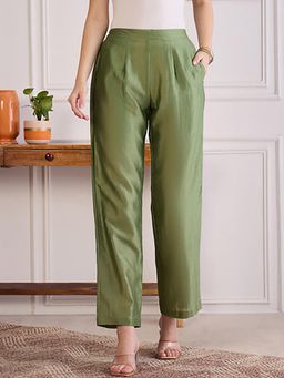 First Resort by Ramola Bachchan - Women's Olive Chanderi Straight Pants