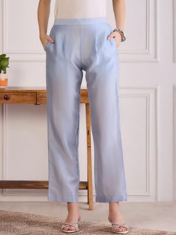 First Resort by Ramola Bachchan - Women's Blue Chanderi Straight Pants