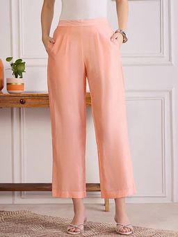 First Resort by Ramola Bachchan - Women's Peach Chanderi Straight Pants