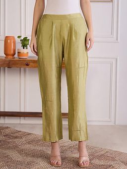 First Resort by Ramola Bachchan - Women's Khaki Chanderi Straight Pants