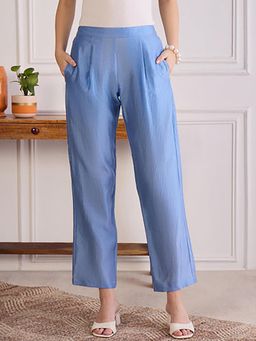 First Resort by Ramola Bachchan - Women's Blue Chanderi Straight Pants