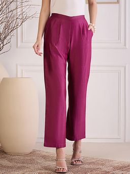 First Resort by Ramola Bachchan - Women's Wine Chanderi Straight Pants