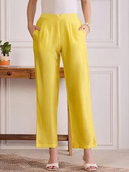 First Resort by Ramola Bachchan - Women's Yellow Chanderi Straight Pants