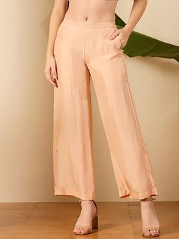 First Resort by Ramola Bachchan - Women's Peach Silk Straight Pants