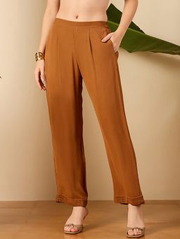 First Resort by Ramola Bachchan - Women's Tan Georgette Straight Pants