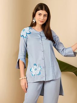 First Resort by Ramola Bachchan - Blue Floral Sequined Embroidered Shirt